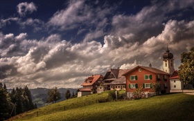 Швейцария, Heiligkreuz, дом, склон, деревья, облака