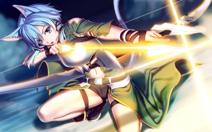 Меч Art Online, синий аниме волосы девушка, лук, свет обои,s изображение