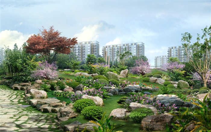 3D дизайн, городской парк, дом, камни, цветы, трава обои,s изображение