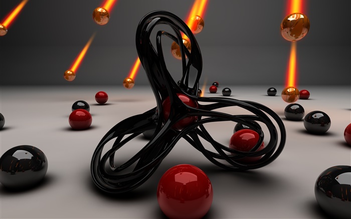 3D дизайн, кривая, красные и черные шары, падают обои,s изображение