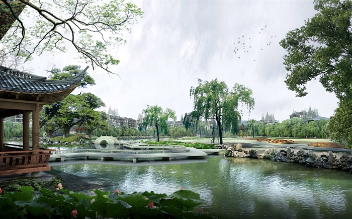 3D дизайн, парк, озеро, павильон, деревья, мост обои,s изображение