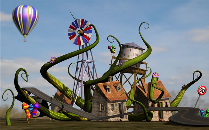 3D дома, дом, мельница, дорога, воздушный шар обои,s изображение