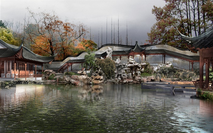 3D дизайн парк, озеро, павильон, деревья, осень обои,s изображение