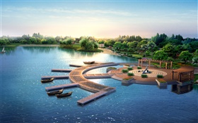 3D дизайн парка, визуализации, причал, лодки, деревья, озеро HD обои