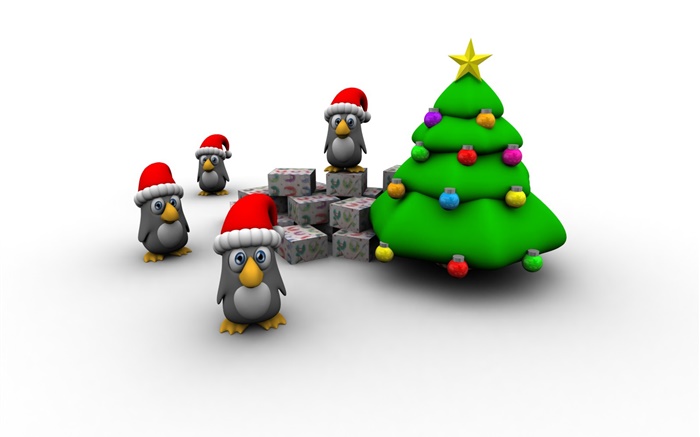 3D-изображения, новогодняя елка, пингвин, коробка подарка обои,s изображение
