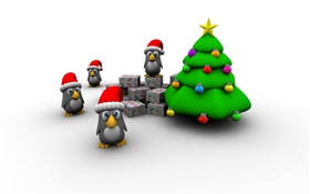 3D-изображения, новогодняя елка, пингвин, коробка подарка HD обои