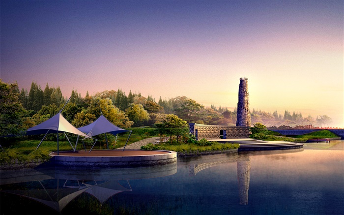 3D визуализации, озеро, деревья, курорт, сумрак обои,s изображение