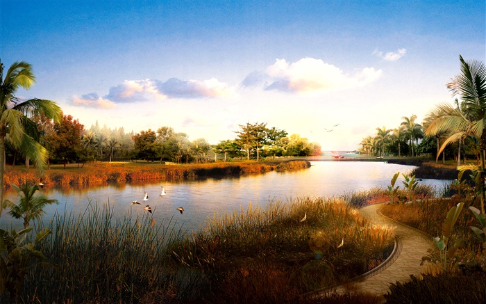 3D визуализации пейзаж, река, трава, птицы, пальмы, закат обои,s изображение