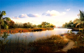 3D визуализации пейзаж, река, трава, птицы, пальмы, закат HD обои