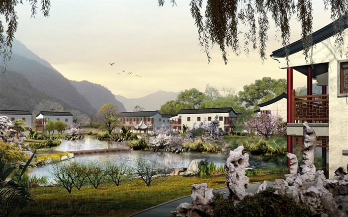 3D визуализации, парк, пруд, дом, павильон обои,s изображение