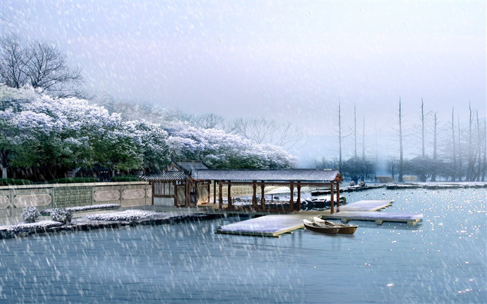 3D визуализации декораций, док-станция, зима, снег, деревья, река обои,s изображение