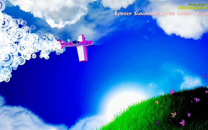 Самолеты, облака, трава, цветы, солнце, креативный дизайн обои,s изображение