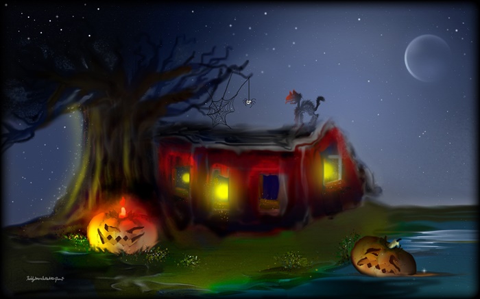Художественная роспись, Хэллоуин, тыквы, паук, кот, дерево, луна обои,s изображение