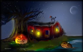 Художественная роспись, Хэллоуин, тыквы, паук, кот, дерево, луна HD обои