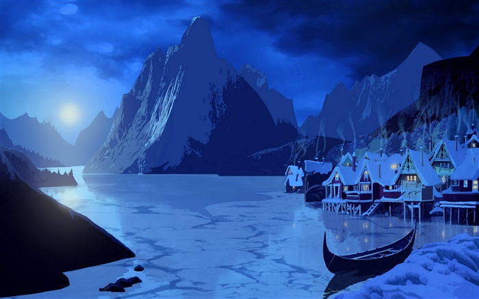 Художественная роспись, снег, ночь, луна, дом, горы, лодка, река обои,s изображение