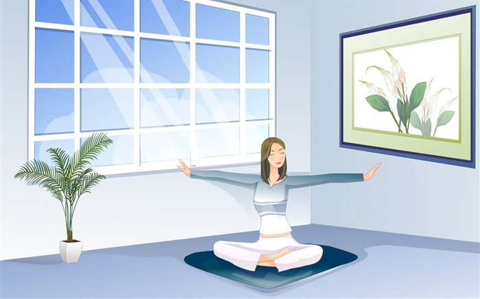 Азиатская девушка делает йога, окно, комната, векторные картинки обои,s изображение
