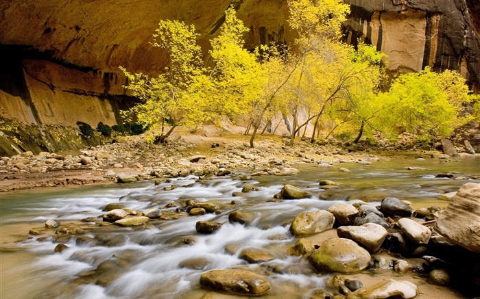 Осень, река, камни, деревья, желтые листья обои,s изображение