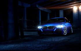 BMW синий автомобиль на ночь, огни