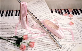 Балетная обувь, флейта, розовые розы, партитуры HD обои