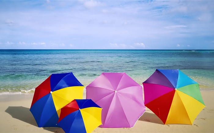 Пляж, зонтики, красочный, лето обои,s изображение