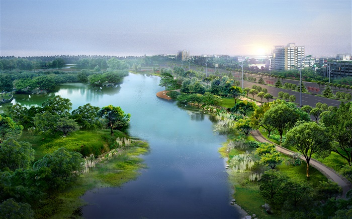 Красивый городской парк, 3D дизайн, река, деревья, дороги, дома обои,s изображение