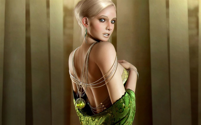 Красивая девушка фантазии, блондинка, зеленые глаза, оглянуться назад обои,s изображение