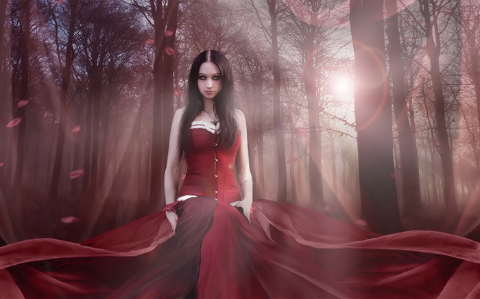 Красивая девушка фантазии, красное платье, лес, солнце обои,s изображение