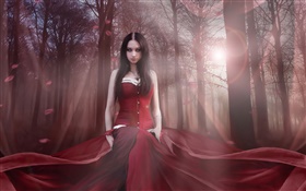 Красивая девушка фантазии, красное платье, лес, солнце