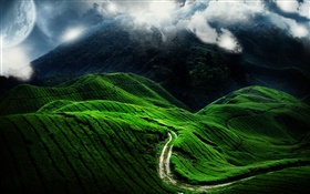 Красивый пейзаж, зеленый холм, дорога, облака