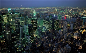 Красивый ночной город, огни, вид сверху, Нью-Йорк, США