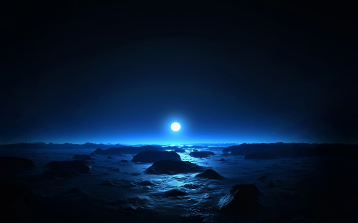 Красивая ночь, море, берег, луна, синий стиль обои,s изображение