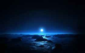 Красивая ночь, море, берег, луна, синий стиль