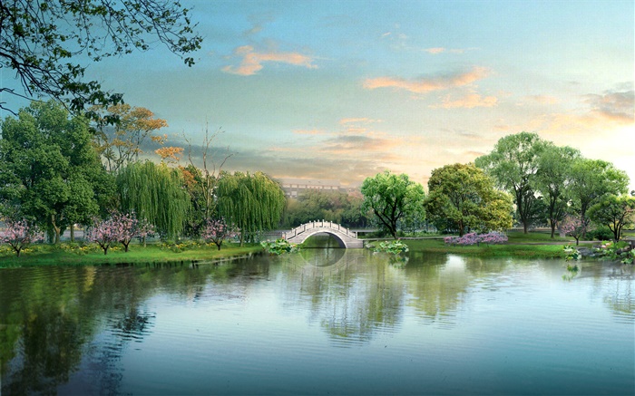 Красивый парк озеро, мост, деревья, 3D дизайн обои,s изображение