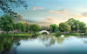 Красивый парк озеро, мост, деревья, 3D дизайн HD обои