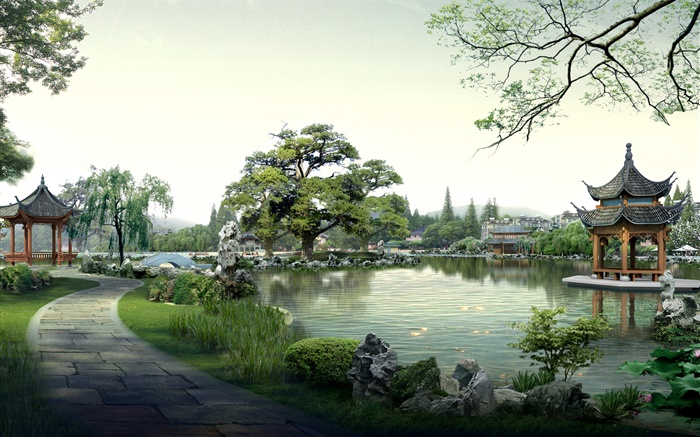 Прекрасный парк, озеро, камни, павильон, деревья, путь, 3D визуализации дизайн обои,s изображение