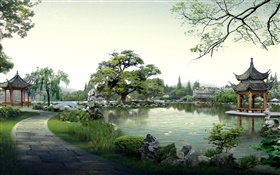 Прекрасный парк, озеро, камни, павильон, деревья, путь, 3D визуализации дизайн HD обои