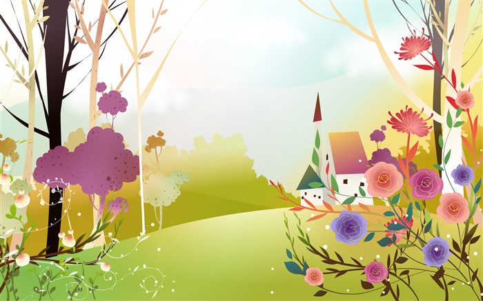Красивая весна, цветы, деревья, солнце, дом, дизайн вектор обои,s изображение