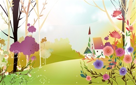 Красивая весна, цветы, деревья, солнце, дом, дизайн вектор HD обои