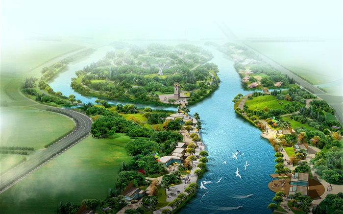 Красивый вид сверху парк, река, трава, деревья, птицы, 3D визуализации дизайн обои,s изображение