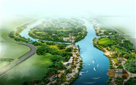 Красивый вид сверху парк, река, трава, деревья, птицы, 3D визуализации дизайн