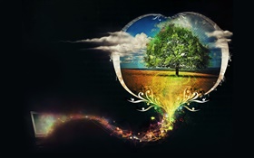 Красивое дерево, сердце любовь, черный фон, креативный дизайн HD обои