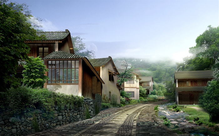 Красивая деревня, дома, дорога, камни, туман, 3D визуализации дизайн обои,s изображение