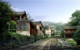 Красивая деревня, дома, дорога, камни, туман, 3D визуализации дизайн