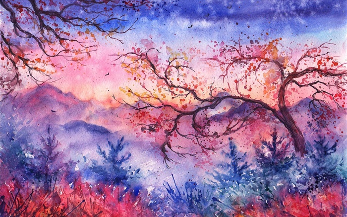 Красивая акварель, вечер, деревья, горы, красный стиль обои,s изображение