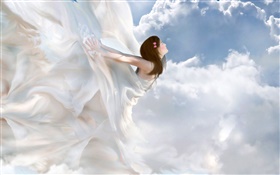 Красивое белое платье ангел, фантазии девушка, облака HD обои