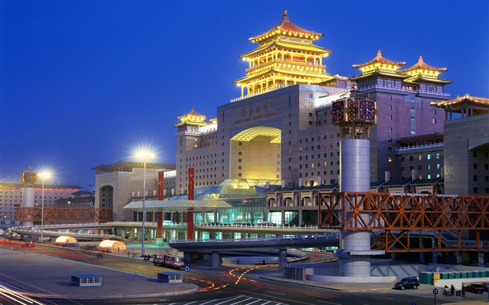Пекин Западный железнодорожный вокзал, ночь, город, огни, Китай обои,s изображение