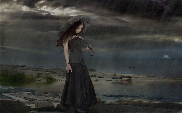 Черное платье фантазии девушка в дождливую ночь, зонтик обои,s изображение