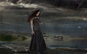 Черное платье фантазии девушка в дождливую ночь, зонтик HD обои