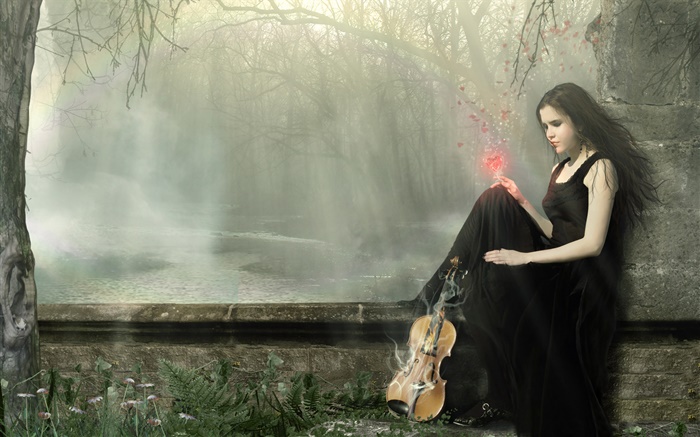 Черное платье фантазии девушка магия, скрипка обои,s изображение
