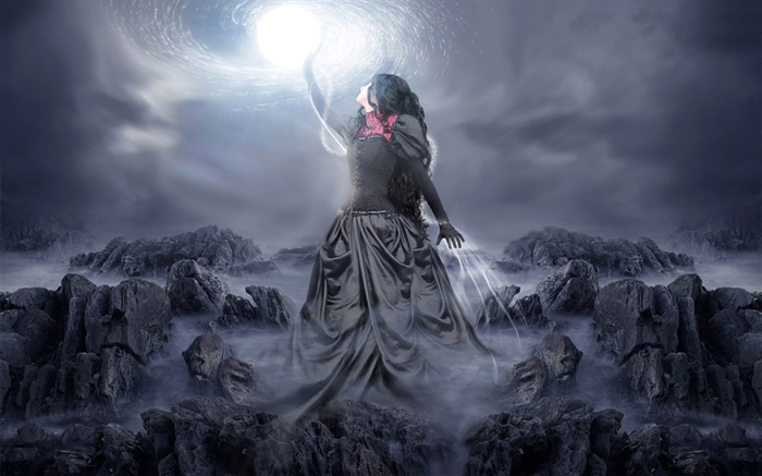 Черное платье фантазии девушка коснуться Луны обои,s изображение